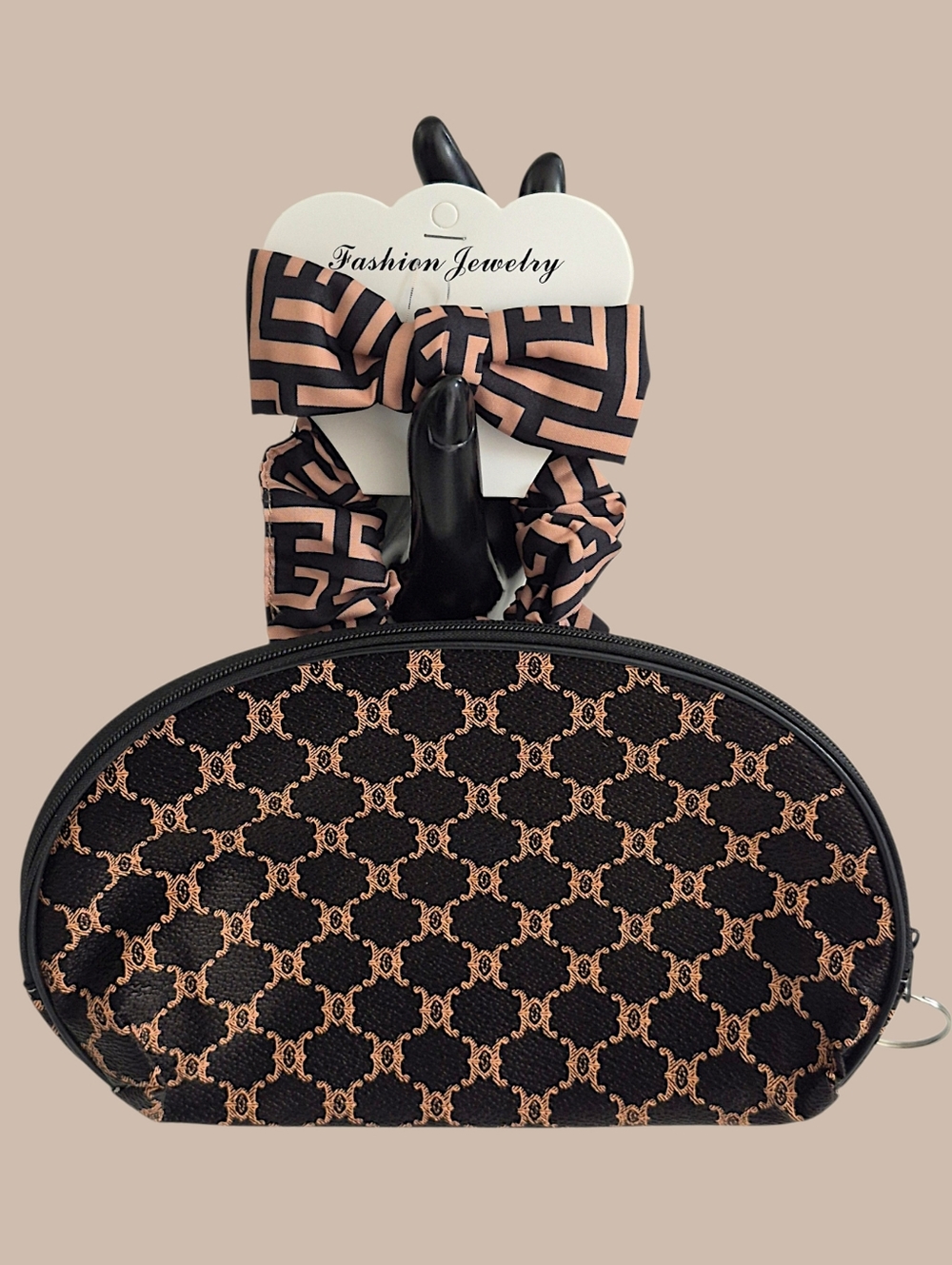 Black & Tan Monogram Pouch with Bow & Scrunchie - 3 Pc. Set